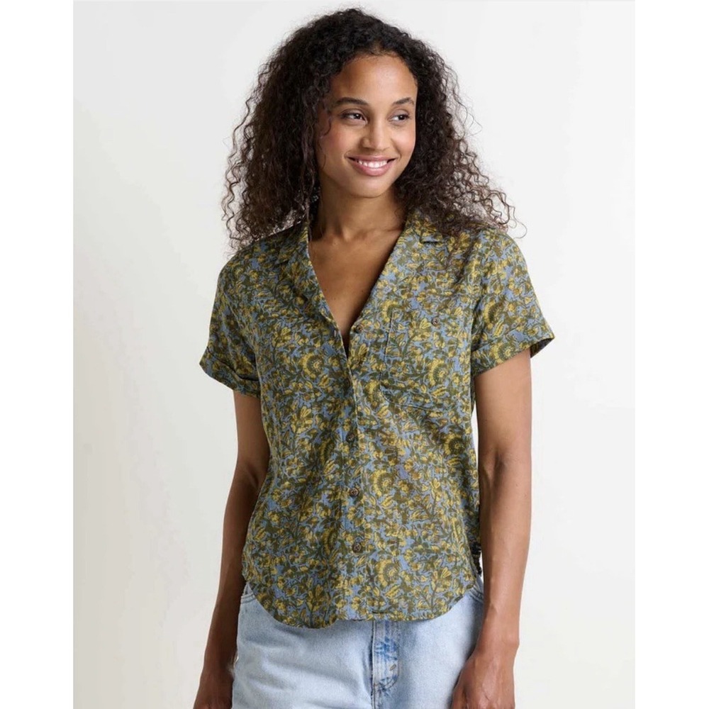 Toad & Co Camp Cove Short Sleeve Shirt North Shore Block Print Sz L Cotton